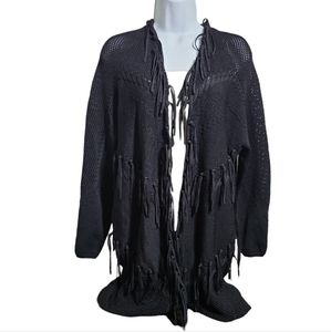 MAJE BLACK KIMONO STYLE FRINGED AND CROCHETED OVERSIZED JACKET